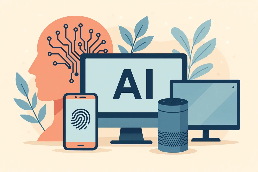 Ilustração representando a inteligência artificial no dia a dia e sua integração com dispositivos digitais